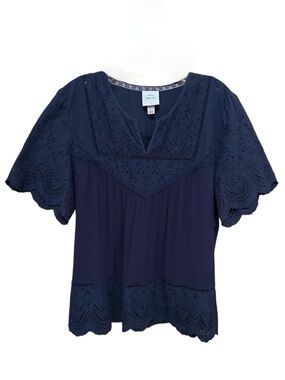 Knox Rose Navy Blue Eyelet Lace Boho Blouse Size L Embroidered Peasant Top